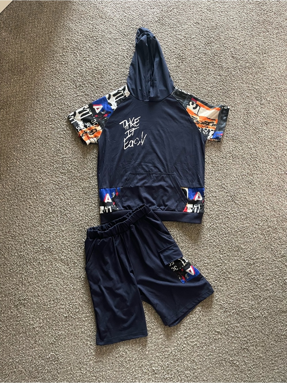 Navy Graphic Matching Hoodie Set with Multicolor Accents